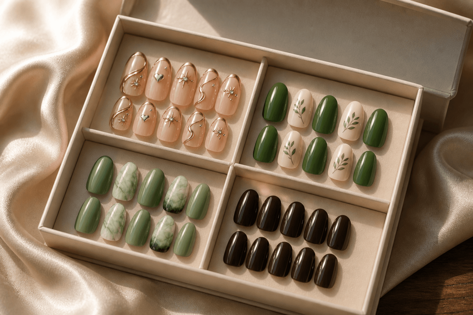 NailMood nail moodboard gift box with press-on nail designs: Rose Chrome Starburst, Olive Cream Sprigs, Sage Marble Duo, and Dark Chocolate Gloss
